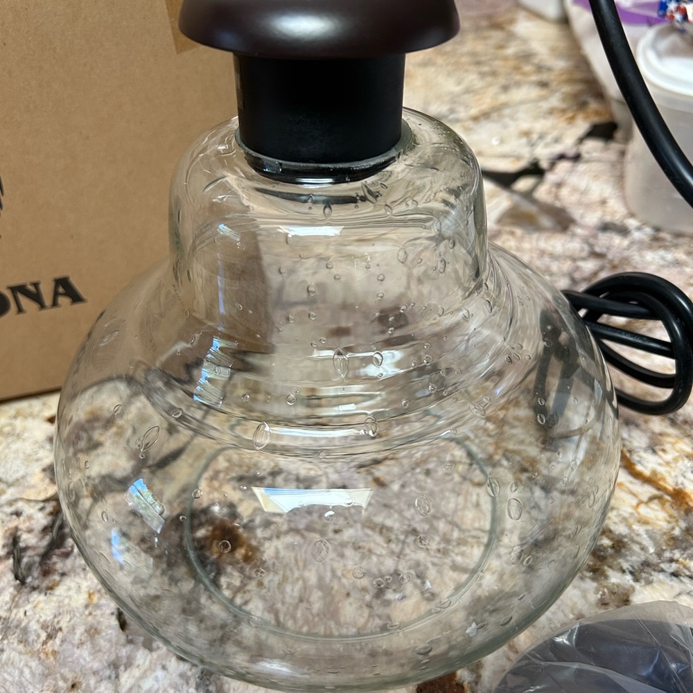 Elegant Seeded Glass Pendant lighting with Black Accents.